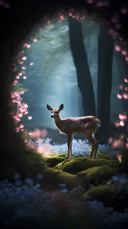 Deer in the forest. 3D illustration. Fairytale scene.の素材