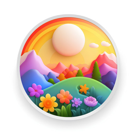 Paper cut nature landscape with mountains, sun and flowers. Vector illustration.の素材