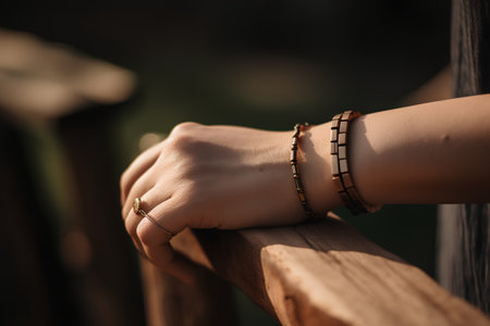 Beautiful woman's hand with a bracelet on the background of natureの素材