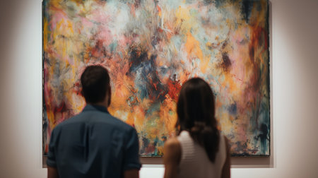 Young couple looking at painting in art gallery, back view, back viewの素材