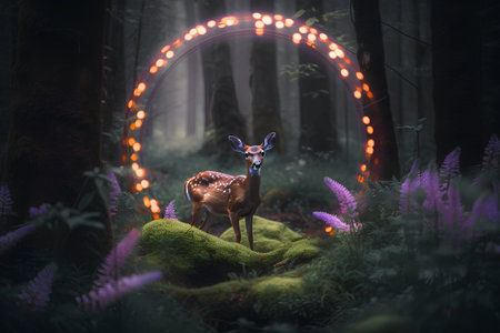 Fawn in the forest at night with neon lights. 3d renderingの素材
