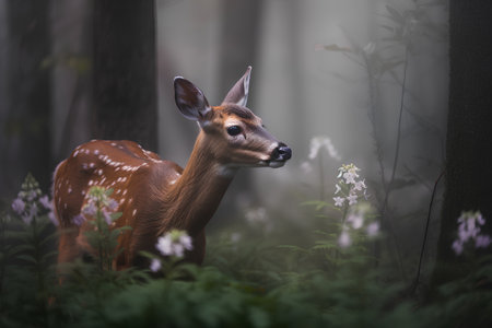 Whitetail deer fawn in the forest during foggy dayの素材