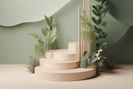 3d render of podium for product display with tropical leaves and plantsの素材