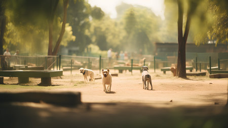 two dogs playing in the park at sunset time.selective focusの素材