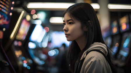 Portrait of young asian woman playing slot machine in shopping mallの素材