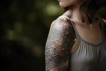 Close-up of tattooed arm of a beautiful young woman.の素材