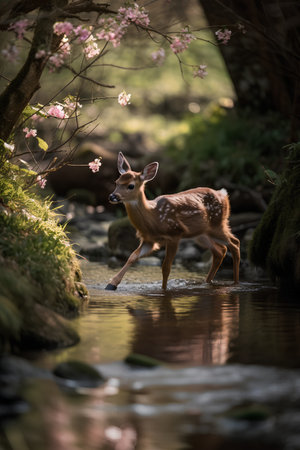 Spotted deer in the forest with cherry blossoms and water streamの素材
