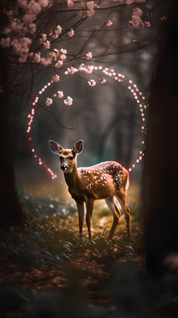 Young deer in the forest at night with lights and bokehの素材