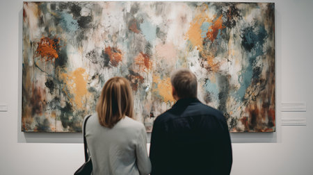 Rear view of a couple looking at an abstract painting in art galleryの素材