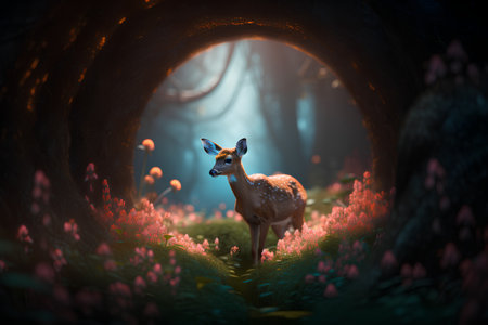 Fantasy scene with a deer in a tunnel. 3d renderingの素材