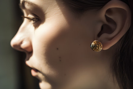 Closeup portrait of beautiful young woman with golden earring in her earの素材