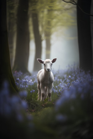Little lamb in bluebells forest at sunrise, England, UKの素材