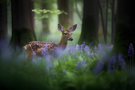 Fawn in the forest with bluebells in the background.の素材