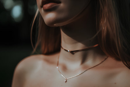 Beautiful girl with a necklace on her neck in the park.の素材