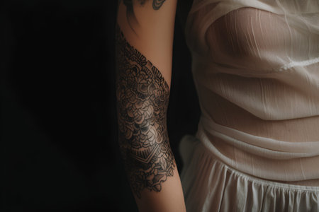 Close up of a tattooed woman in a white dress on a black backgroundの素材