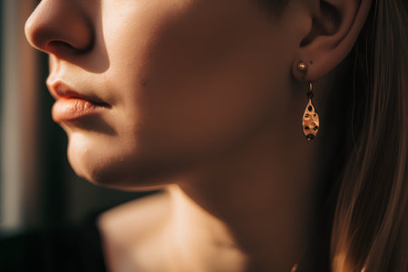 Close-up portrait of a beautiful girl with earrings in the studioの素材