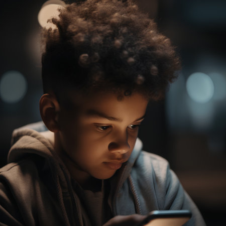 Portrait of a sad african american teenage boy using mobile phoneの素材