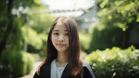 Portrait of young business woman in the park. Beautiful asian girl.の素材