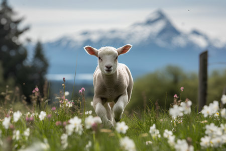 Sheep in a meadow with snow capped mountains in the backgroundの素材