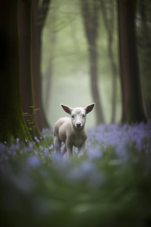 Lamb in a bluebells forest, England, UK.の素材