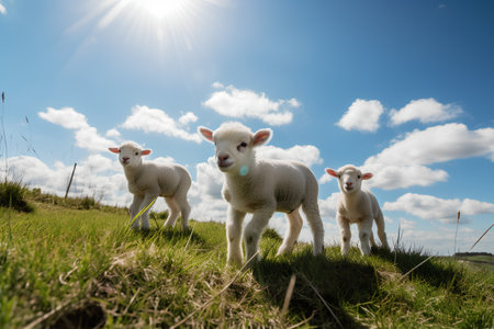 Three baby lambs standing on the green meadow with blue skyの素材