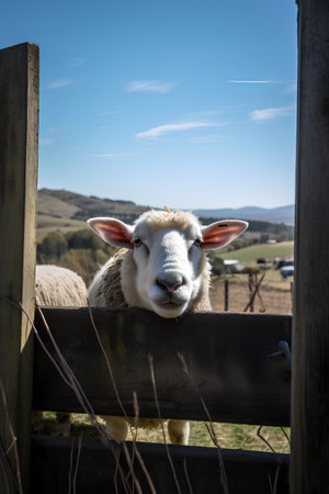 Sheep in a fence on a farm in the countryside of Wales, UKの素材