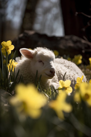 Cute little lamb lying in a field of yellow daffodilsの素材