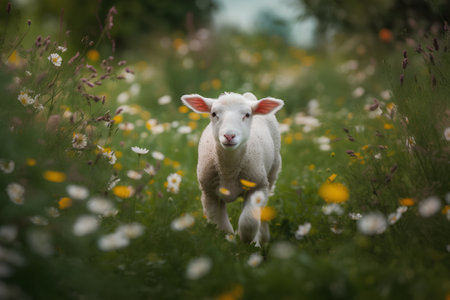 Sheep in a field of daisies and dandelionsの素材