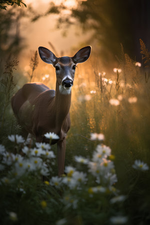 Whitetail deer buck standing in a field of daisiesの素材