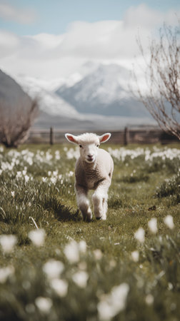 Cute little lamb in spring meadow with snow capped mountains in backgroundの素材