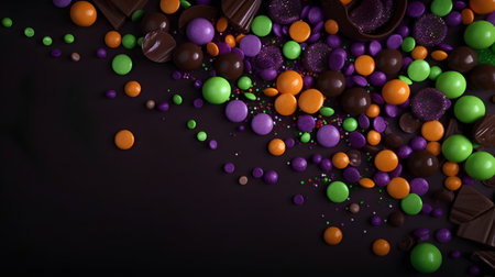 Colorful candies on a black background. Top view with copy spaceの素材