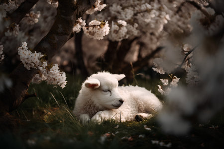 White Swiss Shepherd puppy on the background of blooming cherry trees.の素材