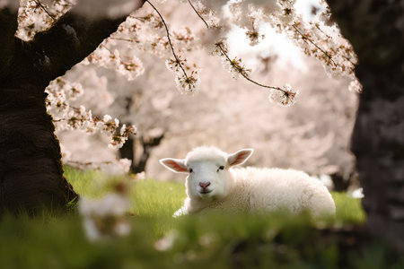 Sheep in the garden with cherry blossom tree in spring.の素材