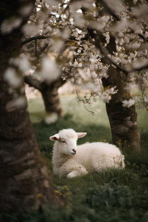 Sheep in the spring garden with cherry blossoms. Selective focus.の素材