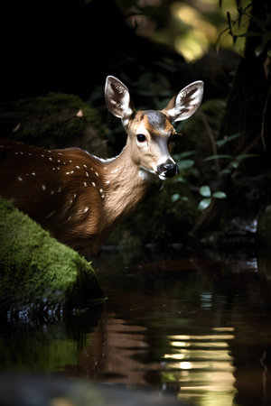 whitetail deer looking at camera at a pond in the forestの素材