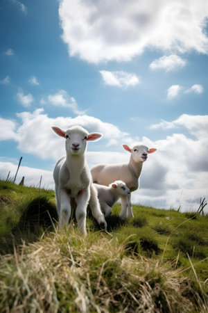sheep and lambs in the meadow with blue sky backgroundの素材
