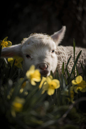 Cute little lamb in the grass with yellow daffodilsの素材