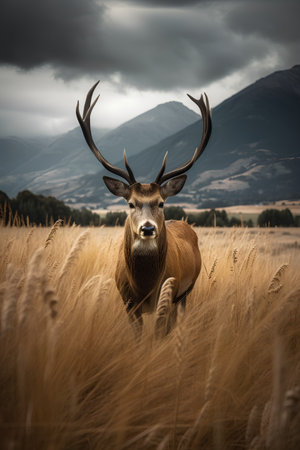 Red deer stag in the field of grass with mountains in the backgroundの素材