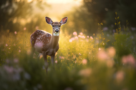 Whitetail deer fawn in a meadow at sunset.の素材