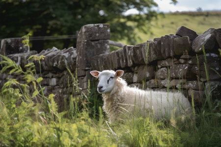 A lamb standing in front of a stone wall in the countryside.の素材