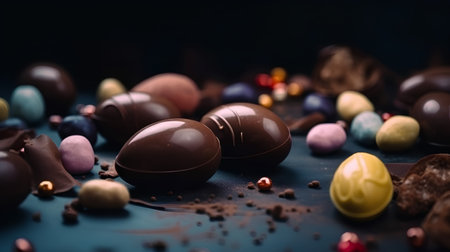 Chocolate Easter eggs on a dark background. Selective focus.の素材