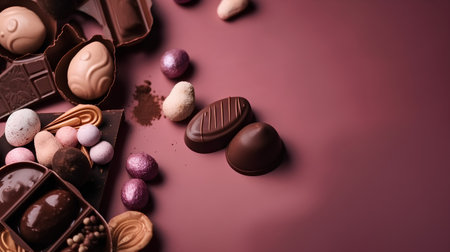 chocolate candies on pink background with copy space, top viewの素材