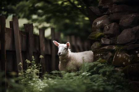 Cute little lamb in a green field with a fence in the backgroundの素材