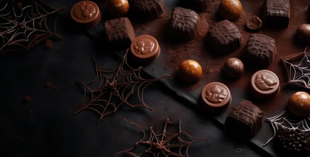 Halloween chocolate candies with spiders and cobwebs on dark backgroundの素材