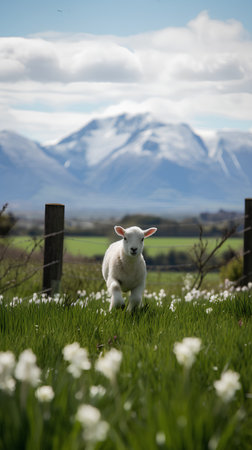 Lamb in a green meadow with snow capped mountains in the backgroundの素材