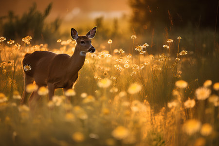 White-tailed deer in a field of wildflowers at sunsetの素材