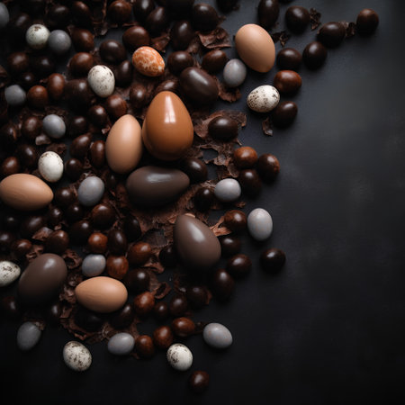 Chocolate Easter eggs on dark background. Top view with copy spaceの素材