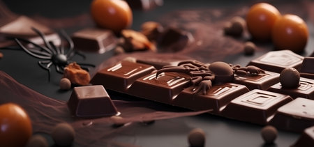 Chocolate sweets with decoration on black background, close-up.の素材