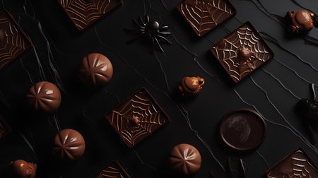 chocolate candies on black background, top view, flat layの素材