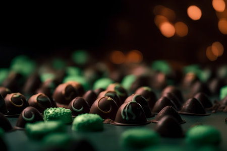 Chocolate candies on a green background with bokeh lightsの素材